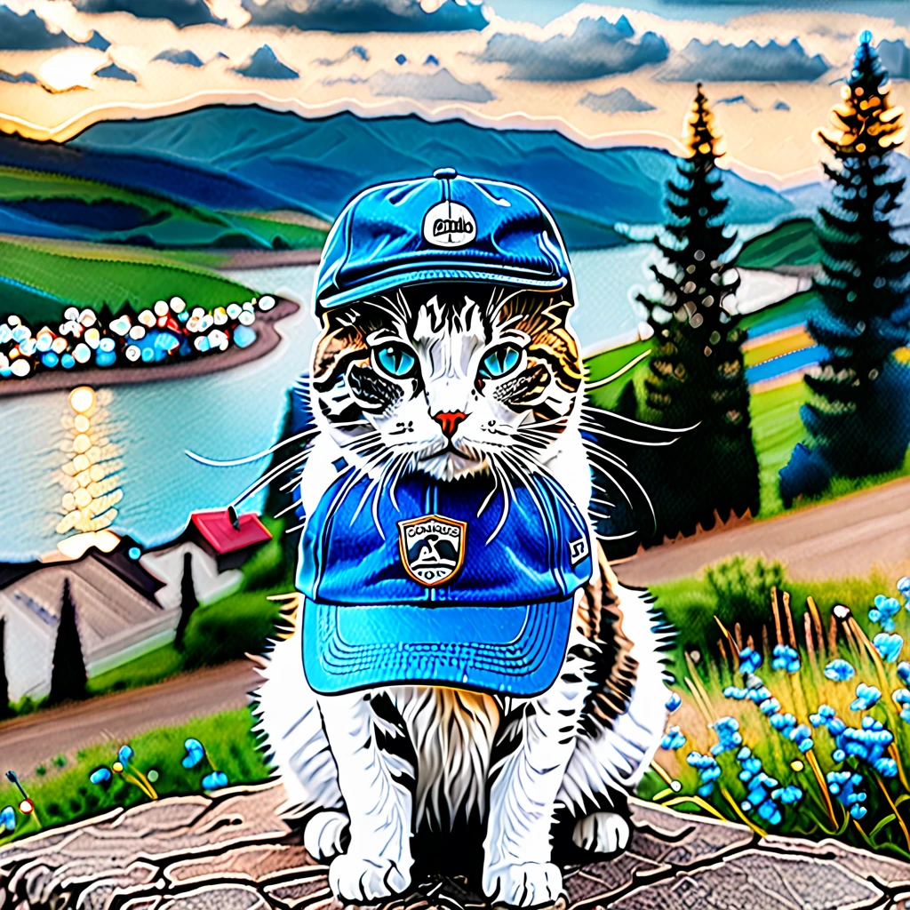 (Photo, Masterpiece) Photography, cat with a blue cap. Film grain, at a landscape, bokeh background (Realistic, Real Photo)
