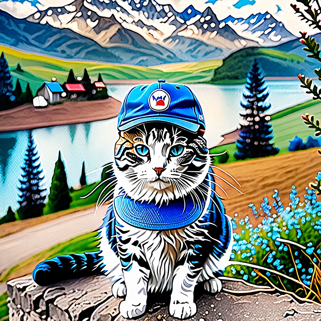 (Photo, Masterpiece) Photography, cat with a blue cap. Film grain, at a landscape, bokeh background (Realistic, Real Photo)