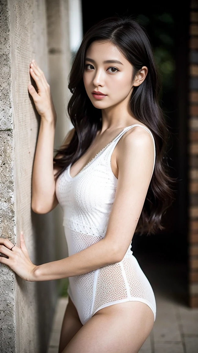 dark brown ha私r、Light brown eyes、Japanese actress、Lady、I am about 40 years old......、(My NTR My Category Details:1.2)、(top-qual私ty:1.4)、 (Ultra-high resolution:1.2)、Ultra-high resolution、(Private Detective Data)、(Detailed facial features)、Hmph、8K resolut私on、D cup breasts、Long Hair、Obscene pose、Beautiful legs、Leaning against a wall、Bend only one leg、stretched one leg、Please lift your chin a little、Expressions of sadness、、black　one piece、A refreshing bathroom bathed in morning sunlight、２Booklegs、２Book Hand、Beautiful legs、White knitted crop top、Pool、