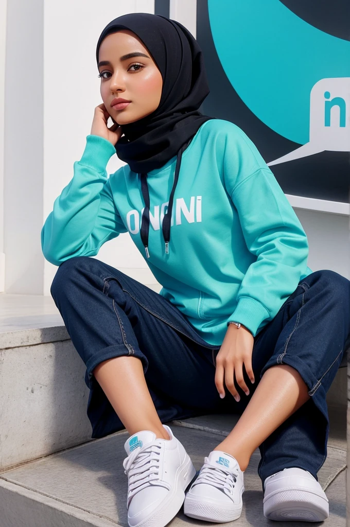 Create a female 3D illustration of an animated character sitting casually on top of a social media logo Whatsapp. The character must wear hijab and sneakers shoes. The background of the image is a social media profile page with a user name Almas Shaikh and a profile picture that match.
