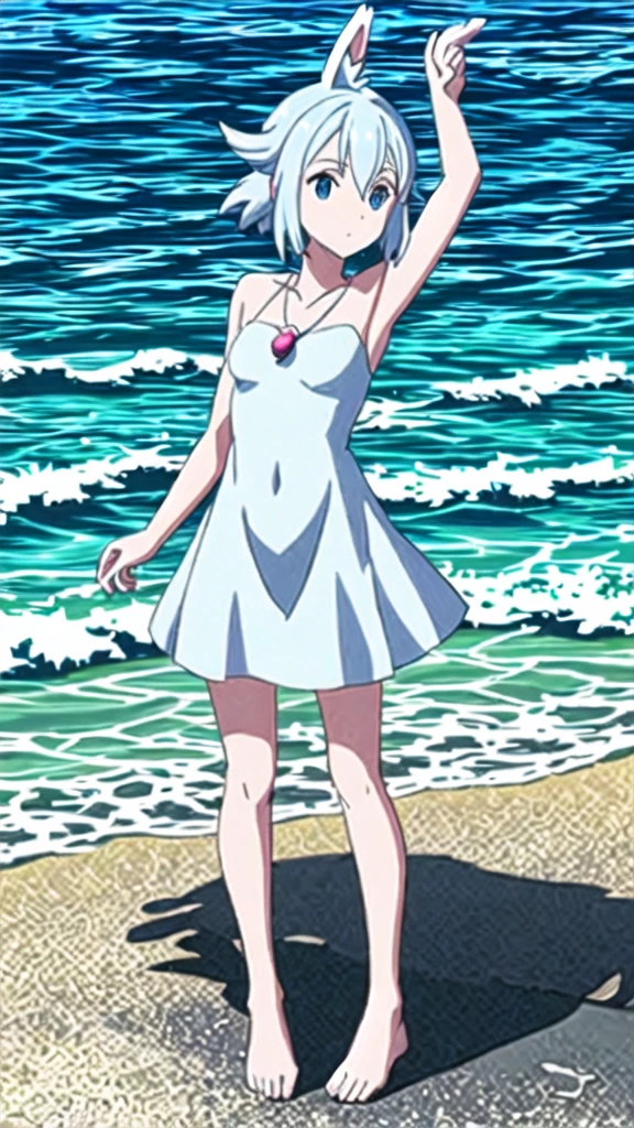 make a little white pokémon with blue ears and sea-colored eyes, flying, with a shell necklace