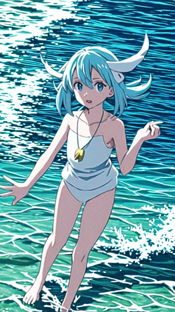 make a little white pokémon with blue ears and sea-colored eyes, flying, with a shell necklace  
