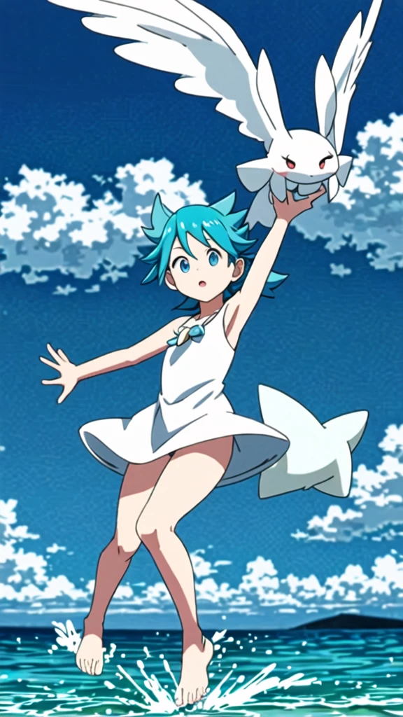 make a little white pokémon with blue ears and sea-colored eyes, flying, with a shell necklace  