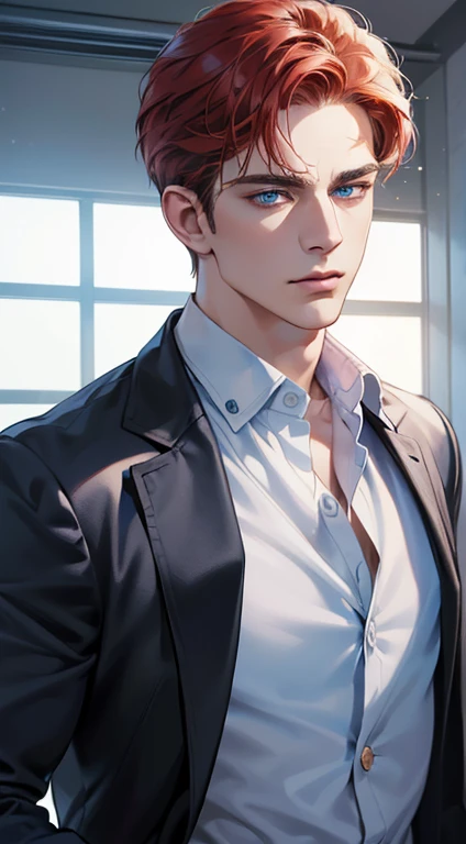(best quality, masterpiece, 8K, photorealistic, cinematic lighting, 1:4 hdr image, ultra detailed, beautiful image), a mature man, 34 years very handsome, ((cold expression)), short red hair, blue eyes, face perfect without mistakes, ((buttoning his jacket, CEO))