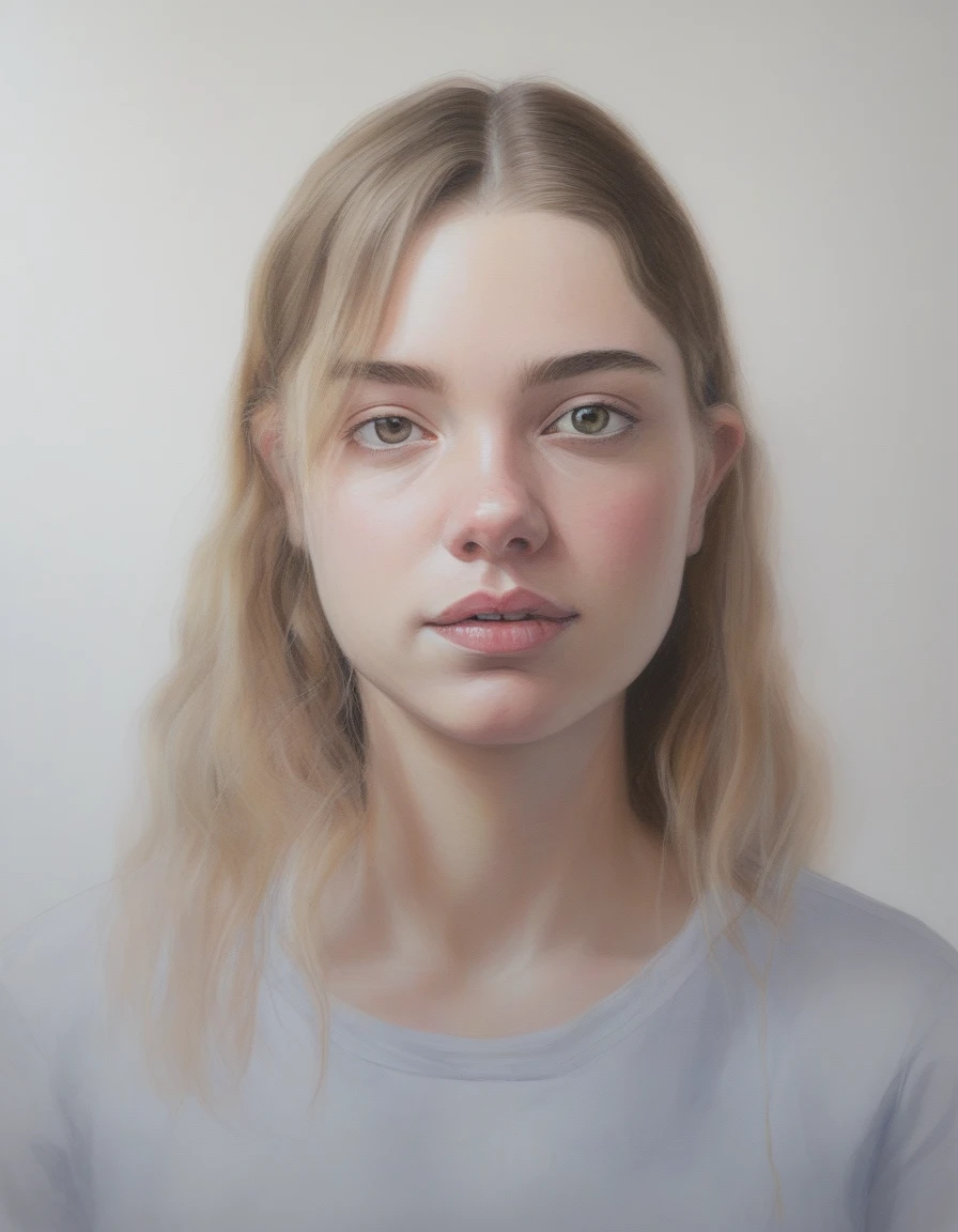 EmilyCarey,Portrait d&#39;a young woman with a serene face and bright eyes. Her mid-length hair is styled in the wind., displaying a rich brown base with copper highlights. Elle porte une tenue décontractée, Scoop-neck t-shirt in muted reddish brown. Her facial features are delicately defined, avec une peau claire et chaude, subtle makeup highlighting her natural eyes and lips. l&#39;background is slightly blurry, faisant allusion à un décor tropical avec des feuilles de palmier, illuminated by natural light that enhances its natural beauty.