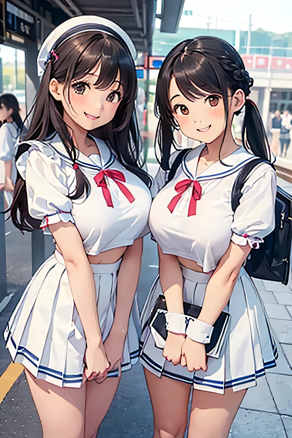 Highest quality、High resolution、Detailed Background、(Beautiful face in every detail:1.4)、Anatomically correct、(Hide your fingers:1.2)、(Detailed facial expressions)、(Detailed eyes:1.2)、 beauty、(Huge breasts:1.3)、cute hair color、Braided twin tails、well-groomed eyebrows、Perfect body line、Short-sleeved white sailor suit、White sailor collar、Checkered pleated mini skirt、White Stockings、In a joking manner、A fun atmosphere、A big smile、smile、Cute gestures、(Two beautiful girls waiting for a train on the station platform)、cute