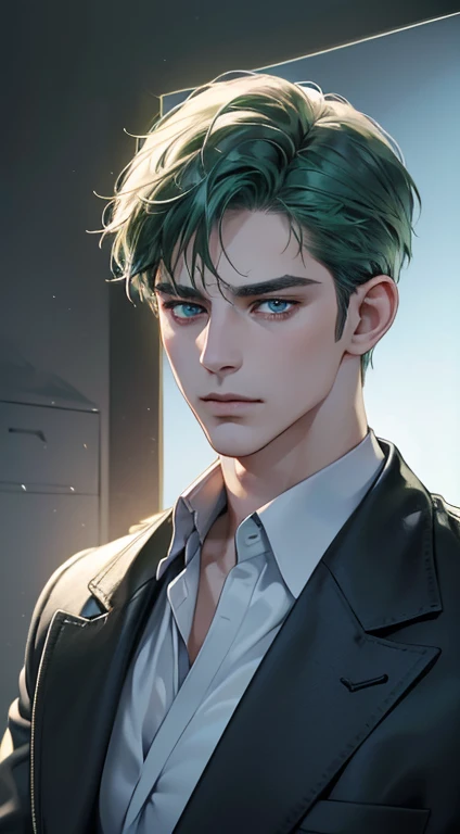 (best quality, masterpiece, 8K, photorealistic, cinematic lighting, 1:4 hdr image, ultra detailed, beautiful image), a mature man, 34 years very handsome, ((cold expression)), short green hair, blue eyes, face perfect without mistakes, ((buttoning his jacket, CEO))