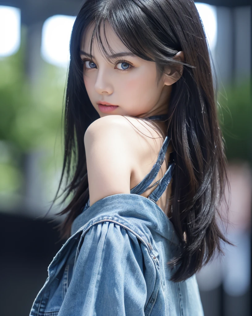 Beautiful Japanese girl with green eyes and black hair, Wear casual clothes, Photo from behind, ultra High resolution, (Realistic: 1.4), High resolution ,( blue eyes), (Detailed skin), (Perfect Proportions) (Photo Real) (masterpiece) (Realistic), Ultra-realistic (Highest quality) (detailed) Photographed with Canon EOS R5, 50mm lens, debt/2.8, (8k) (wallpaper) (Cinema Lighting) (Dramatic lighting) (Complex) ,jeans