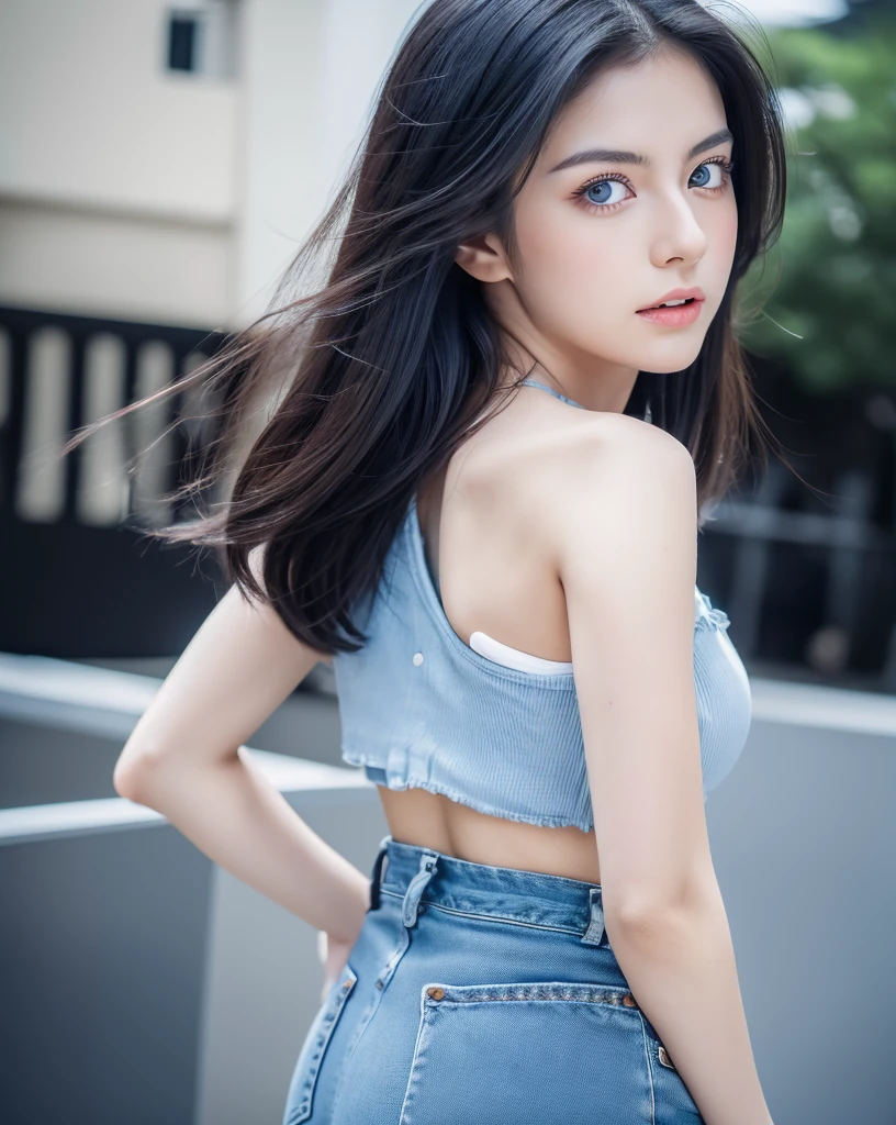 Beautiful Japanese girl with green eyes and black hair, Wear casual clothes, Photo from behind, ultra High resolution, (Realistic: 1.4), High resolution ,( blue eyes), (Detailed skin), (Perfect Proportions) (Photo Real) (masterpiece) (Realistic), Ultra-realistic (Highest quality) (detailed) Photographed with Canon EOS R5, 50mm lens, debt/2.8, (8k) (wallpaper) (Cinema Lighting) (Dramatic lighting) (Complex) ,jeans