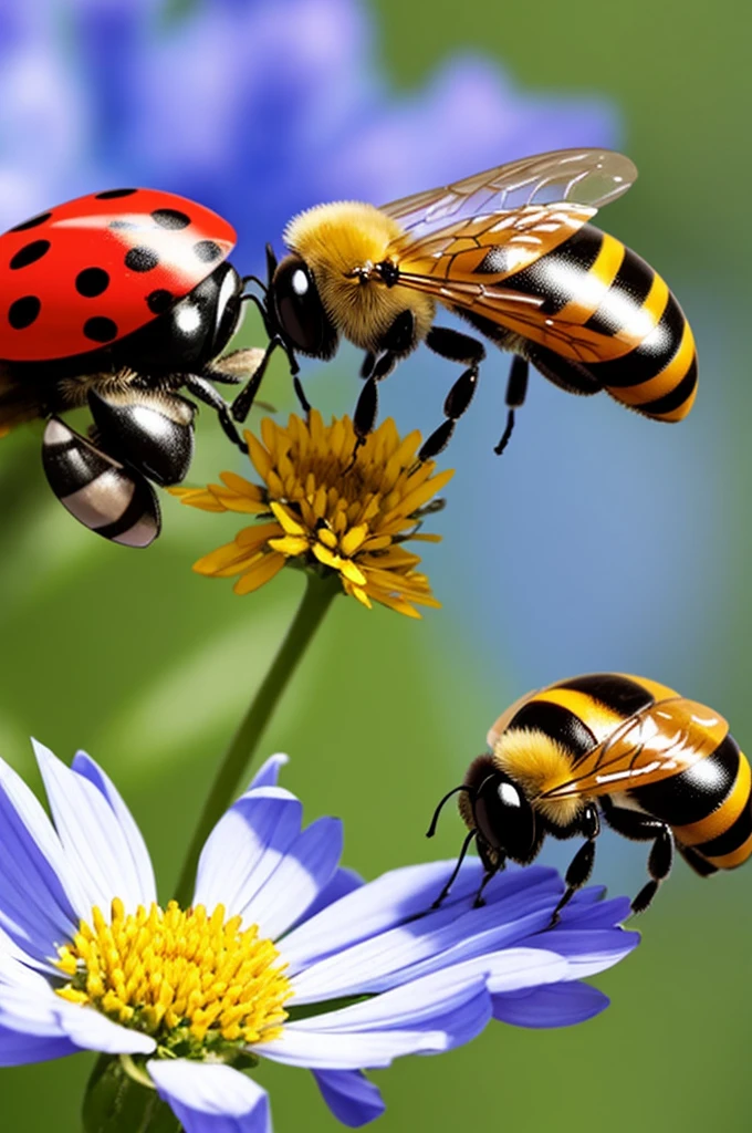 bees and ladybug pollonating a flower cartoon)