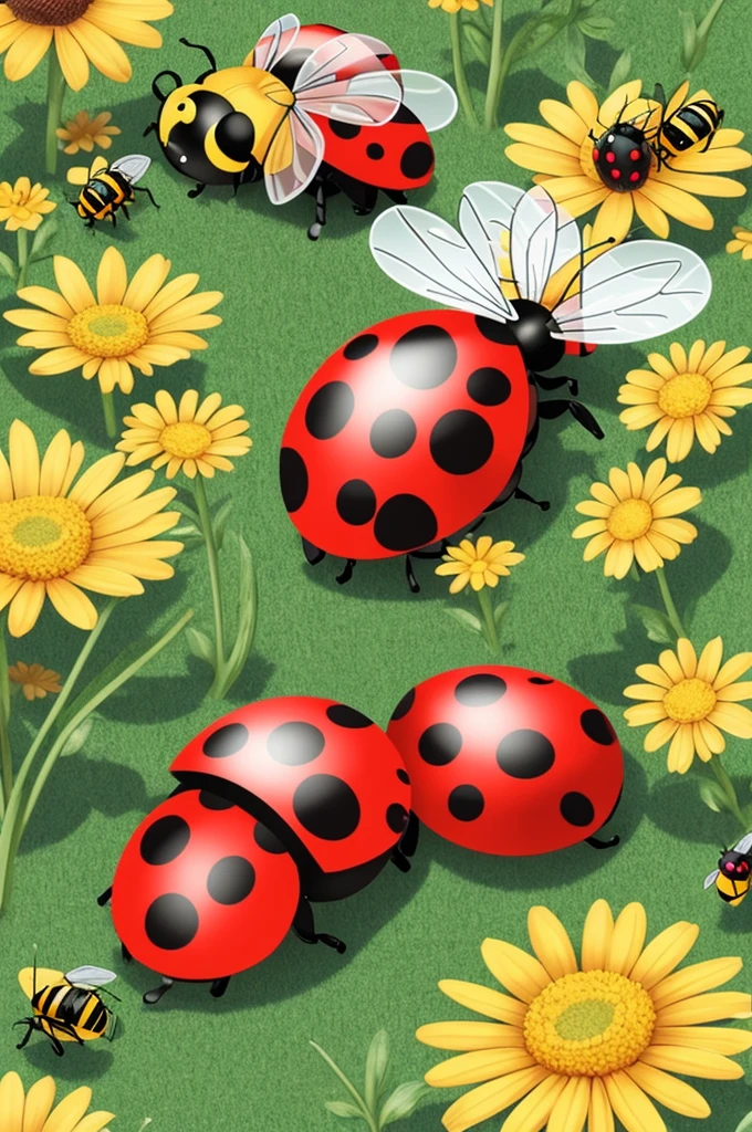 bees and ladybug pollonating a flower cartoon)