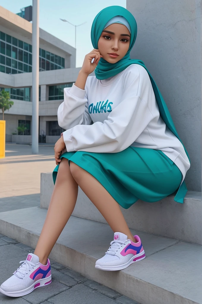 Create a female 3D illustration of an animated character sitting casually on top of a social media logo Whatsapp. The character must wearing full hijab and sneakers shoes. The background of the image is a social media profile page with a user name Almas Shaikh and a profile picture that match.