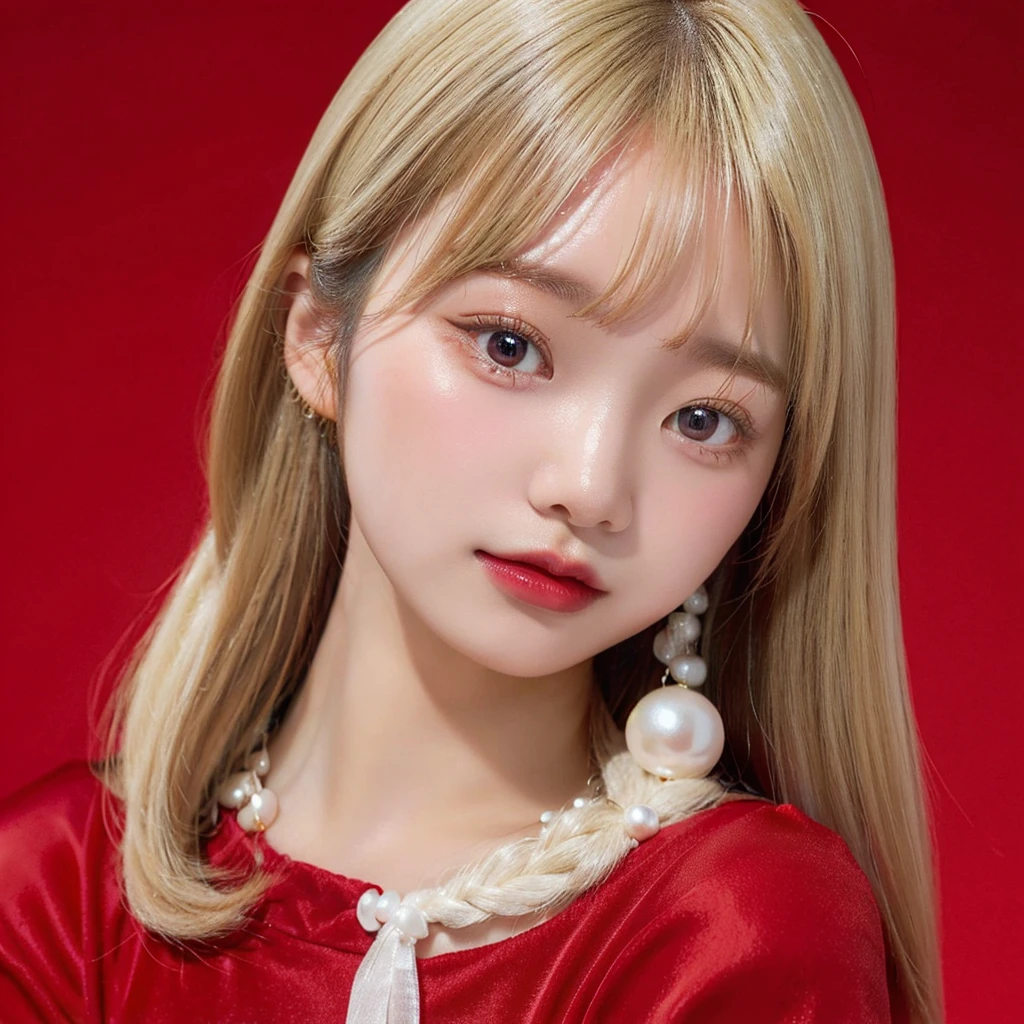 Wonyoung, pearl blonde, simple background, red dress, 1girl, asian, portrait 