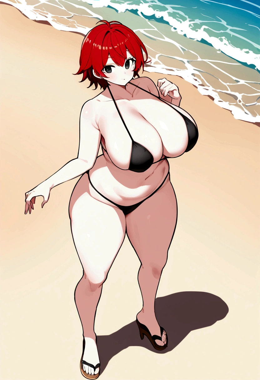 My name is Hikaru, I am a white test woman with long red hair and black eyes. I am 1.60 cm tall and weigh 46kg. My breast sizes are 300 cm, my waist is 60 cm and my hips are 200 cm. dressed in a tight black string bikini,being on the beach. With big breasts 300cm