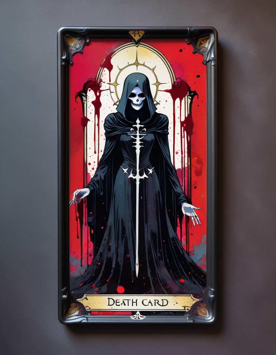 a tarot card depicting the death card, detailed dark gothic tarot card frame, vivid colors, blood splatter, art inspired by Bill Sienkiewicz