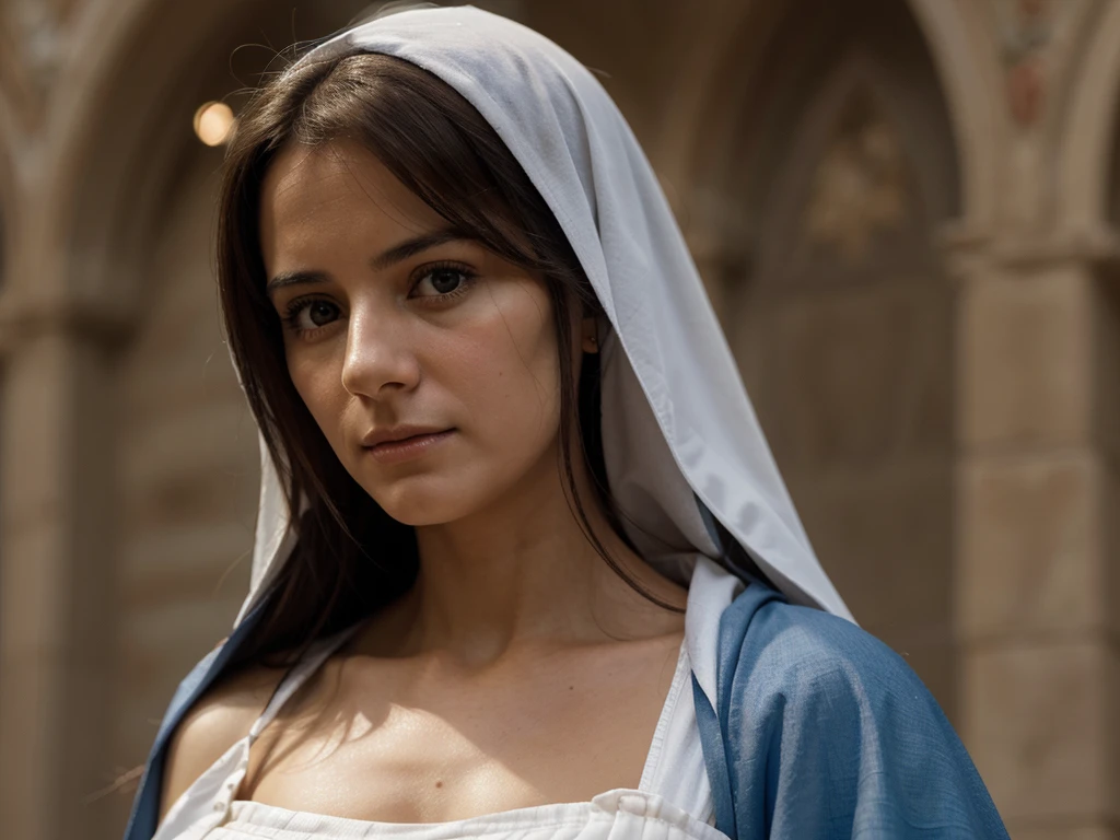  a realistic closeup Virgin Mary of Nazareth. Maria has a sad and melancholic expression. El rostro es de color carne, con una textura lisa y un acabado brillante que resalta sus facciones.

Maria&#39;s eyes are partially closed, mirando hacia abajo, and a tear falls from them on each cheek. The eyebrows are arched upward in the center, accentuating the expression of pain. The mouth is slightly open, mostrando los dientes superiores, y  expresando profunda tristeza.

Mary&#39;s head is covered by a white veil made of lace., which also partially covers your shoulders. The lace has an intricate pattern of flowers and leaves. 

Image lighting is soft, destacando los detalles del rostro y el encaje del velo, and contributes to the general feeling of solemnity and sadness conveyed by Mary&#39;s face.