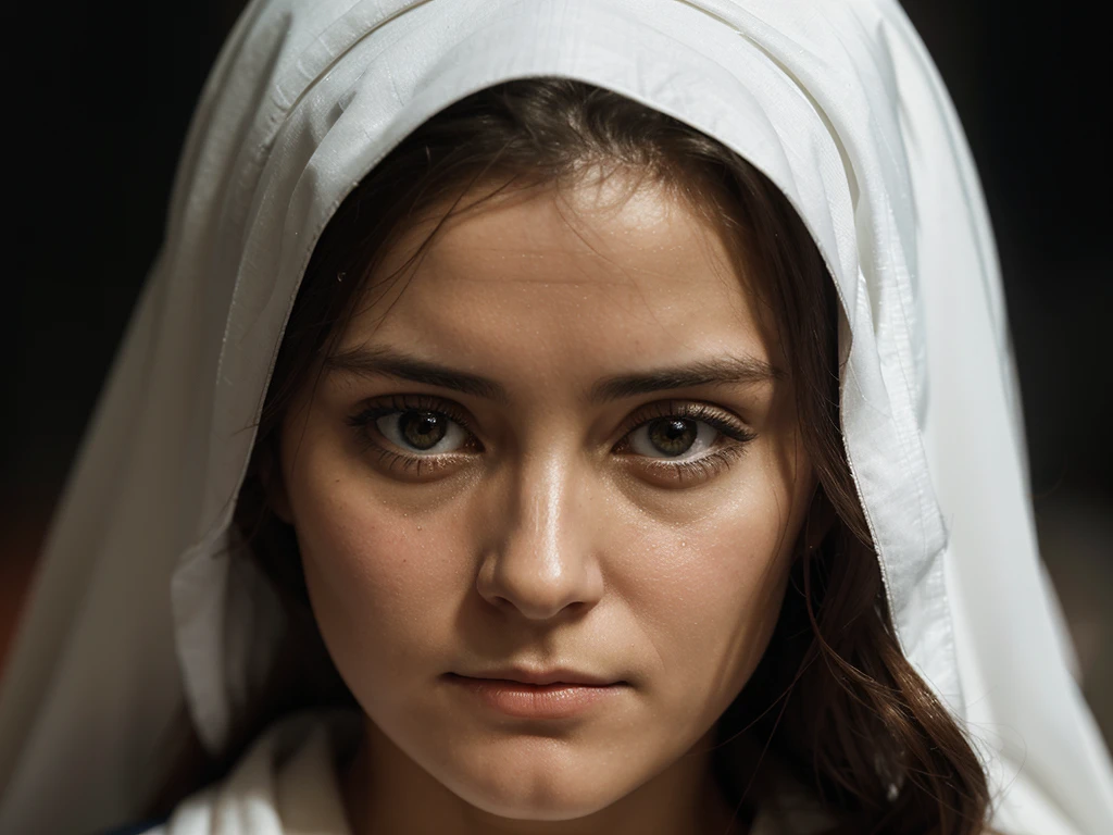 a realistic closeup Virgin Mary of Nazareth. Maria has a sad and melancholic expression. El rostro es de color carne, con una textura lisa y un acabado brillante que resalta sus facciones.
Maria's eyes are partially closed, mirando hacia abajo, and a tear falls from them on each cheek. The eyebrows are arched upward in the center, accentuating the expression of pain. The mouth is slightly open, mostrando los dientes superiores, y expresando profunda tristeza.
Mary's head is covered by a white veil made of lace., which also partially covers your shoulders. The lace has an intricate pattern of flowers and leaves.
Image lighting is soft, destacando los detalles del rostro y el encaje del velo, and contributes to the general feeling of solemnity and sadness conveyed by Mary's face.