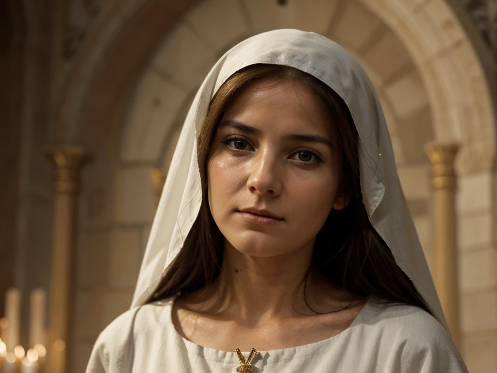 a realistic closeup Virgin Mary of Nazareth. Maria has a sad and melancholic expression. El rostro es de color carne, con una textura lisa y un acabado brillante que resalta sus facciones.
Maria's eyes are partially closed, mirando hacia abajo, and a tear falls from them on each cheek. The eyebrows are arched upward in the center, accentuating the expression of pain. The mouth is slightly open, mostrando los dientes superiores, y expresando profunda tristeza.
Mary's head is covered by a white veil made of lace., which also partially covers your shoulders. The lace has an intricate pattern of flowers and leaves.
Image lighting is soft, destacando los detalles del rostro y el encaje del velo, and contributes to the general feeling of solemnity and sadness conveyed by Mary's face.