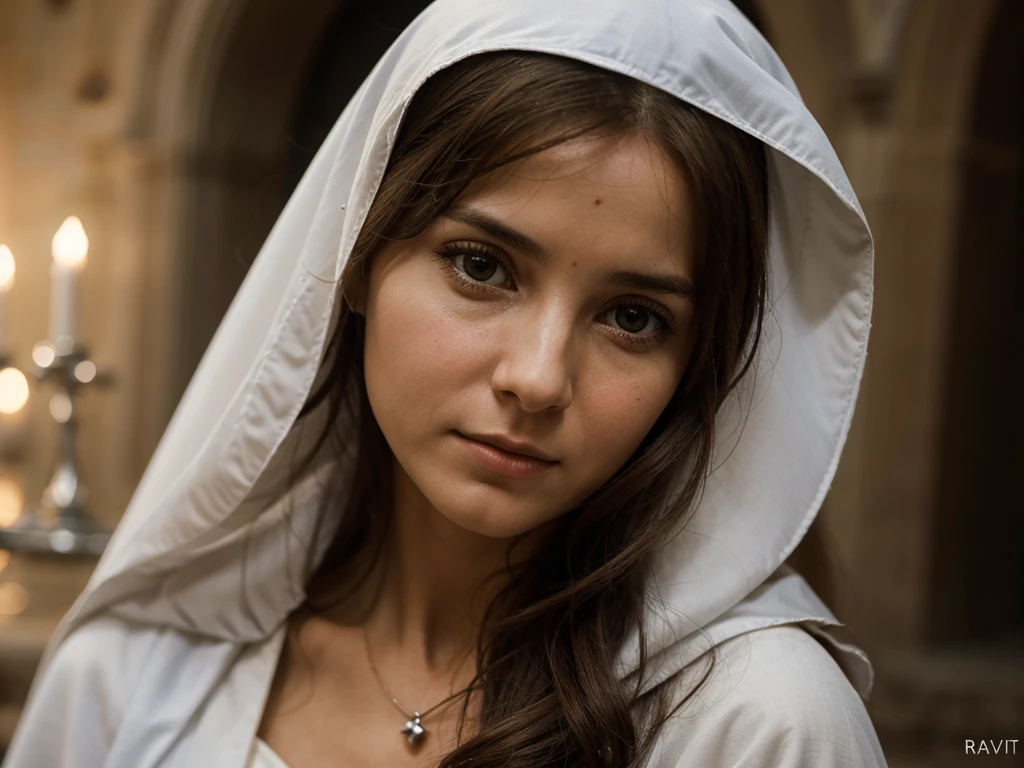  a realistic closeup Virgin Mary of Nazareth. Maria has a sad and melancholic expression. El rostro es de color carne, con una textura lisa y un acabado brillante que resalta sus facciones.

Maria&#39;s eyes are partially closed, mirando hacia abajo, and a tear falls from them on each cheek. The eyebrows are arched upward in the center, accentuating the expression of pain. The mouth is slightly open, mostrando los dientes superiores, y  expresando profunda tristeza.

Mary&#39;s head is covered by a white veil made of lace., which also partially covers your shoulders. The lace has an intricate pattern of flowers and leaves. 

Image lighting is soft, destacando los detalles del rostro y el encaje del velo, and contributes to the general feeling of solemnity and sadness conveyed by Mary&#39;s face.