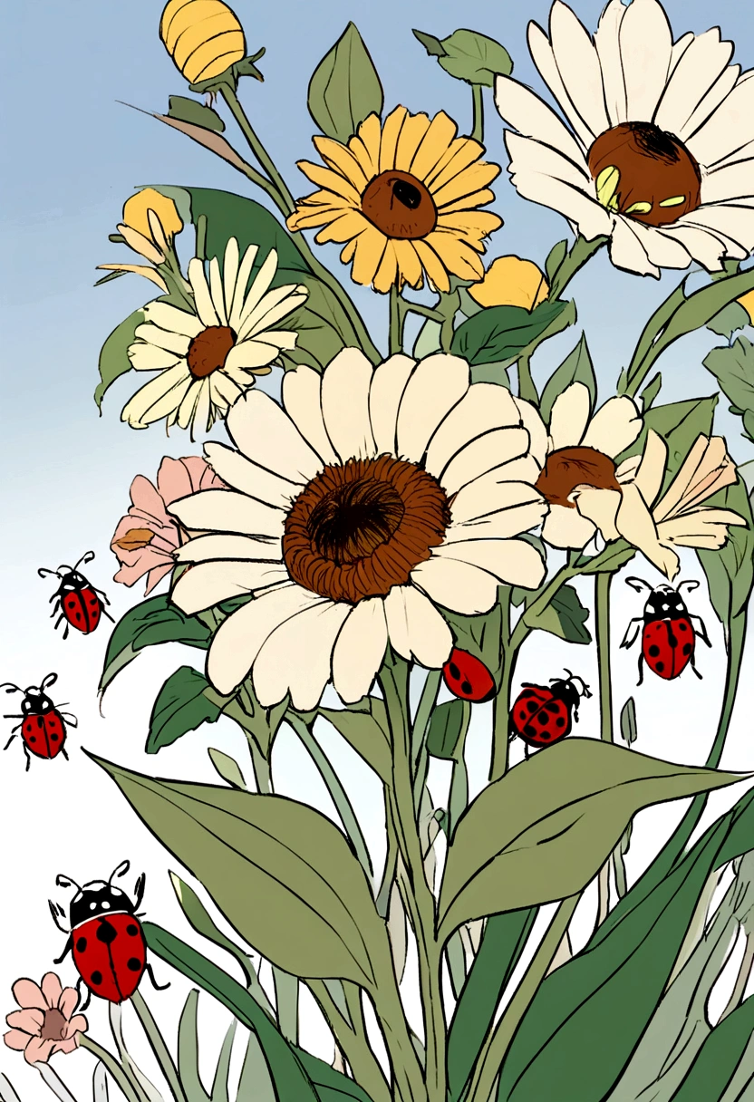bees and ladybug pollonating a flower cartoon)