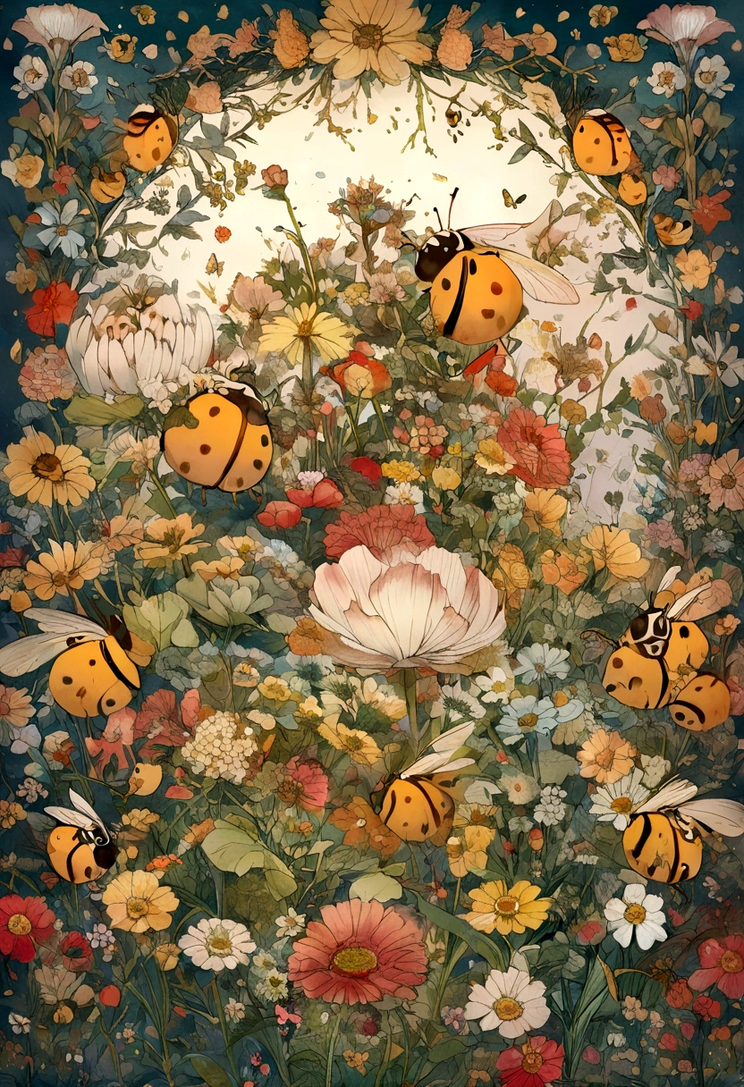bees and ladybug pollonating a flower cartoon) 
