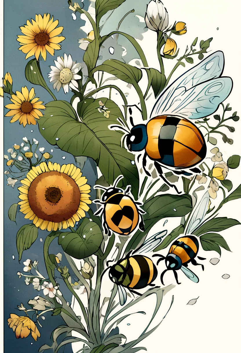 bees and ladybug pollonating a flower cartoon) 
