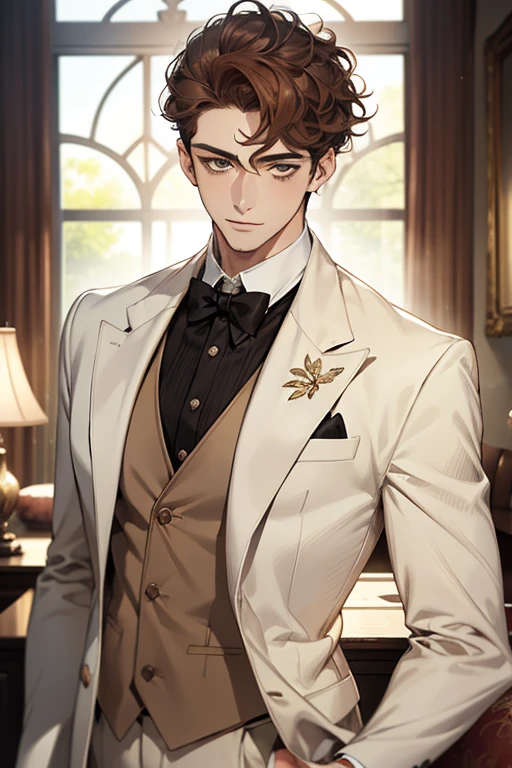 masterpiece, best quality, realistic, 1man, mature male, quiet and charming young man, 28 years old, adorable, closed mouth, portrait, extremely detailed face, soft smile, ((dark amber eyes)), ((short-sides-swept curly light brown hair)), [thick eyebrows], living-room, ((white suit))