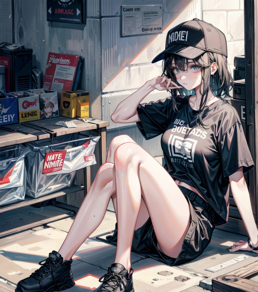 whole body, girl, big tits, medium hair, black hair, tearful mole, earring, baseball cap, black T-shirt, cargo shorts,