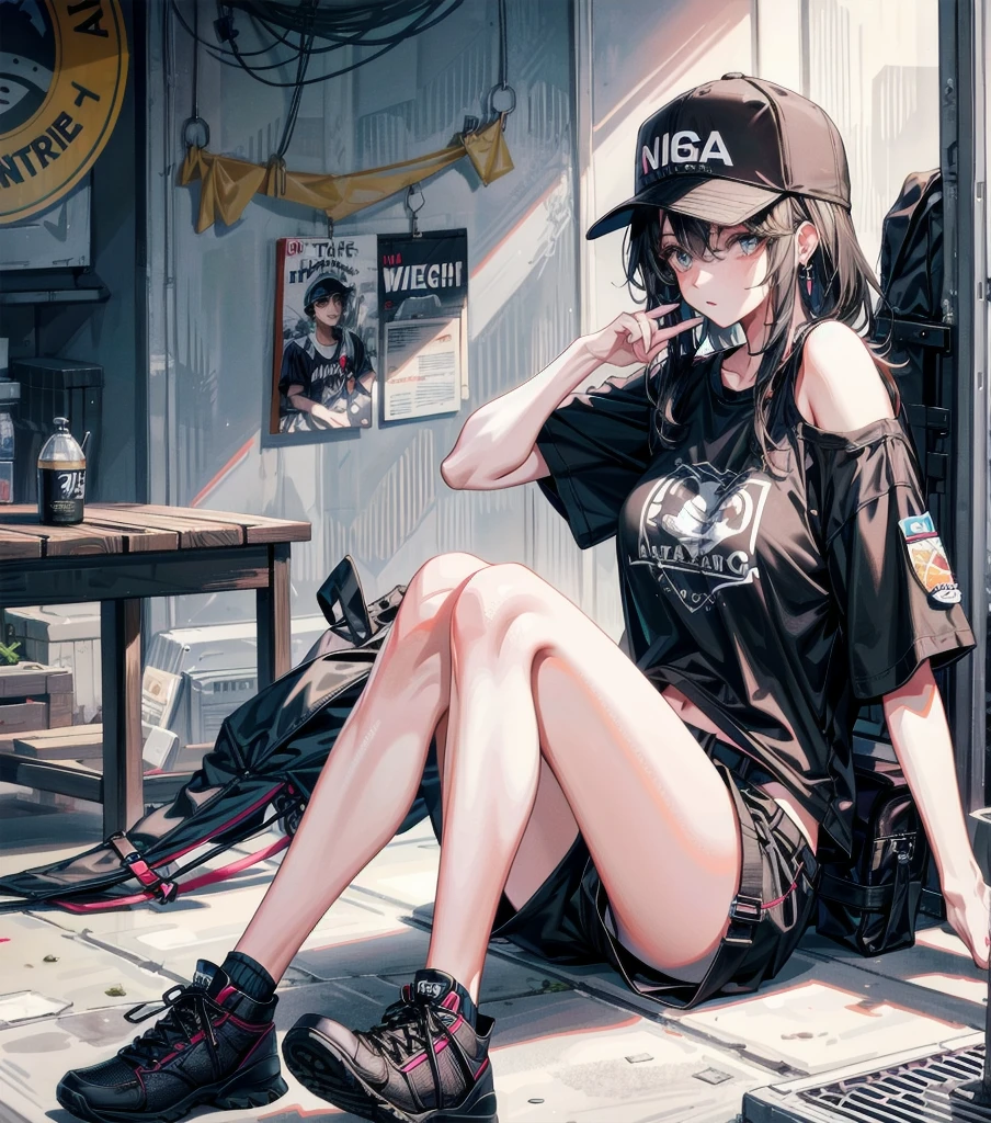 whole body, girl, big tits, medium hair, black hair, tearful mole, earring, baseball cap, black T-shirt, cargo shorts,