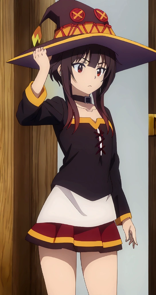 Megumin de konosuba, mirando de frente, vestida con un G- String, the G-String of the same color as his uniform, sin su sombrero, el viento soplando su cabellera, grabbing his hair with his left hand, la anatomia de su cuerpo delgada, los rayos del sol brillando por cerca de su cuerpo, su cuerpo brillando por el sudor que corre por su cuerpo, collar de cuero negro en el cuello, ropa interior color negro, utiliza la cara del lora ya que esta es primordial, estatura de 1.50 metros de altura