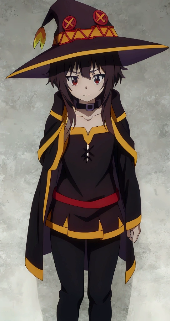 Megumin de konosuba, mirando de frente, vestida con un G- String, the G-String of the same color as his uniform, sin su sombrero, el viento soplando su cabellera, grabbing his hair with his left hand, la anatomia de su cuerpo delgada, los rayos del sol brillando por cerca de su cuerpo, su cuerpo brillando por el sudor que corre por su cuerpo, collar de cuero negro en el cuello, ropa interior color negro, utiliza la cara del lora ya que esta es primordial, estatura de 1.50 metros de altura