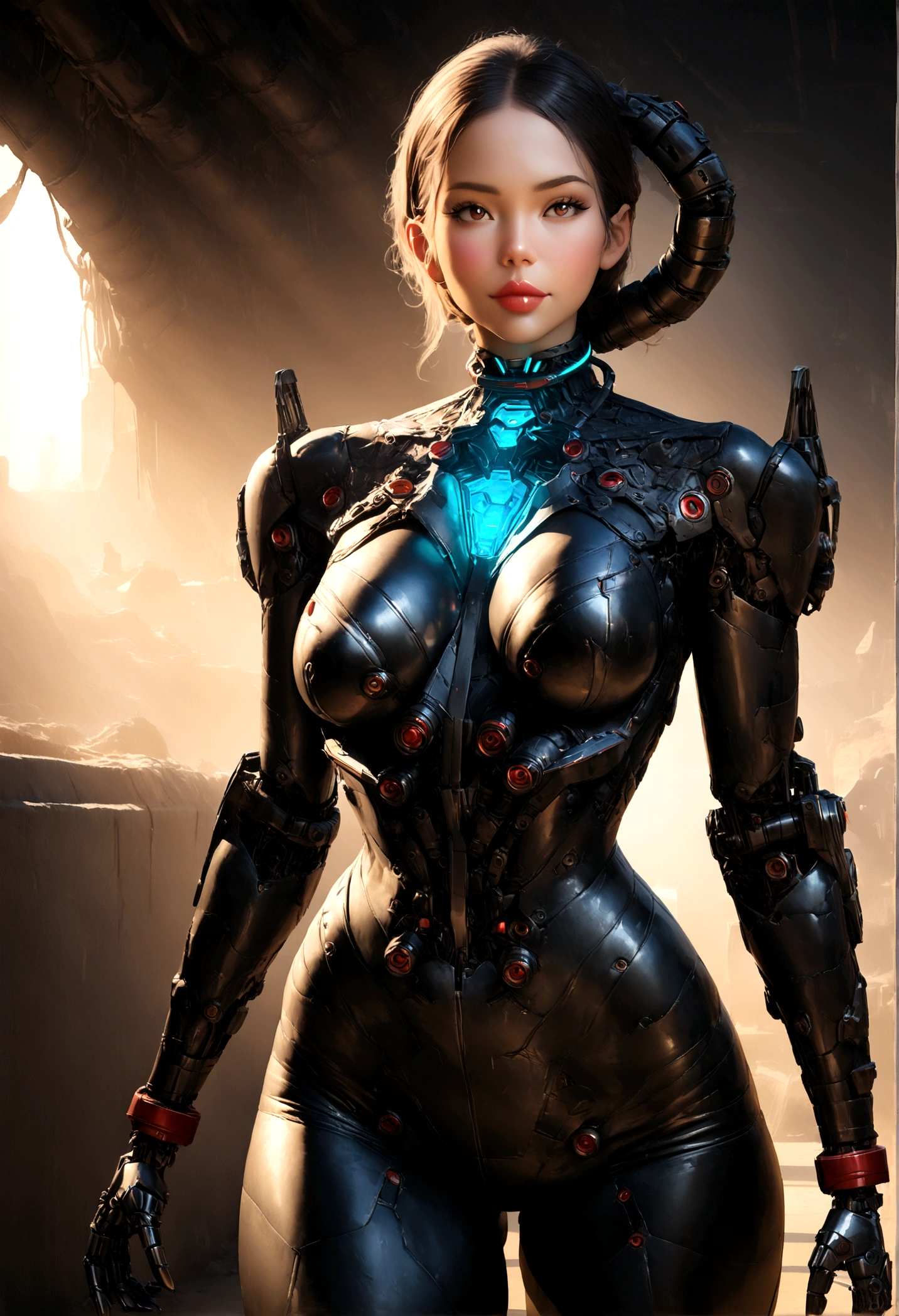 Top Quality, Masterpiece, Ultra High Resolution, (Photorealistic: 1.4), Raw Photo, 1 cyberpunk Girl, Glossy Skin, 1 Mechanical Girl, (Ultra Realistic Detail)), (((Full body shot))), Global Illumination, Contrast, thick voluptuous curved lips, Shadows, Octane Rendering, 8K, Ultra Sharp, Raw Skin, Metal, Intricate Ornament Details, Cyberpunk Details, Very intricate details, realistic light, CGSoation trend, facing the camera, neon details,mechanical cleavage.  mechanical limbs, blood vessels connected to the tube, mechanical vertebrae attached to the back, mechanical cervical attachment to the neck, wires and cables connecting to the head, gundam, small LED lamps.