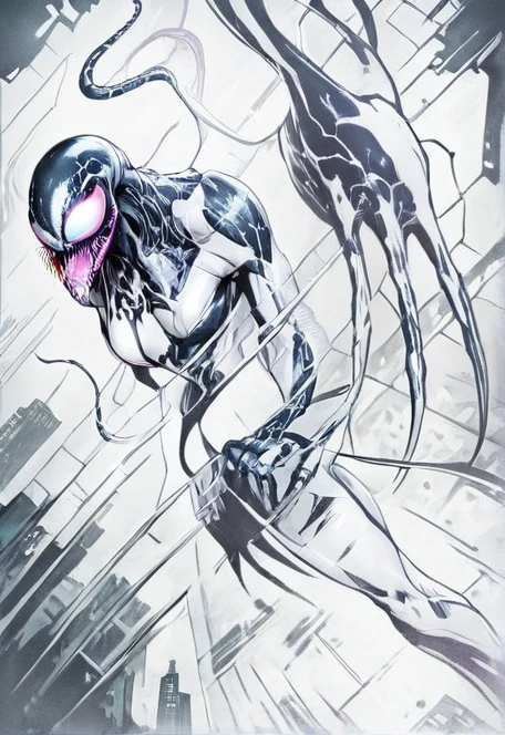 comic (Drawing:1.3) of (Sketch:1.3) a pink alien standing in front of a city, venom symbiote, symbiote, venom, official artwork hdr, screenshot from morbius 2022, hero pose colorful city lighting, 8k hd concept art, venomized, 8k render, 8 k high detail concept art, tor from marvel, background artwork, high detailed official artwork . graphic illustration, comic art, graphic novel art, vibrant, highly detailed