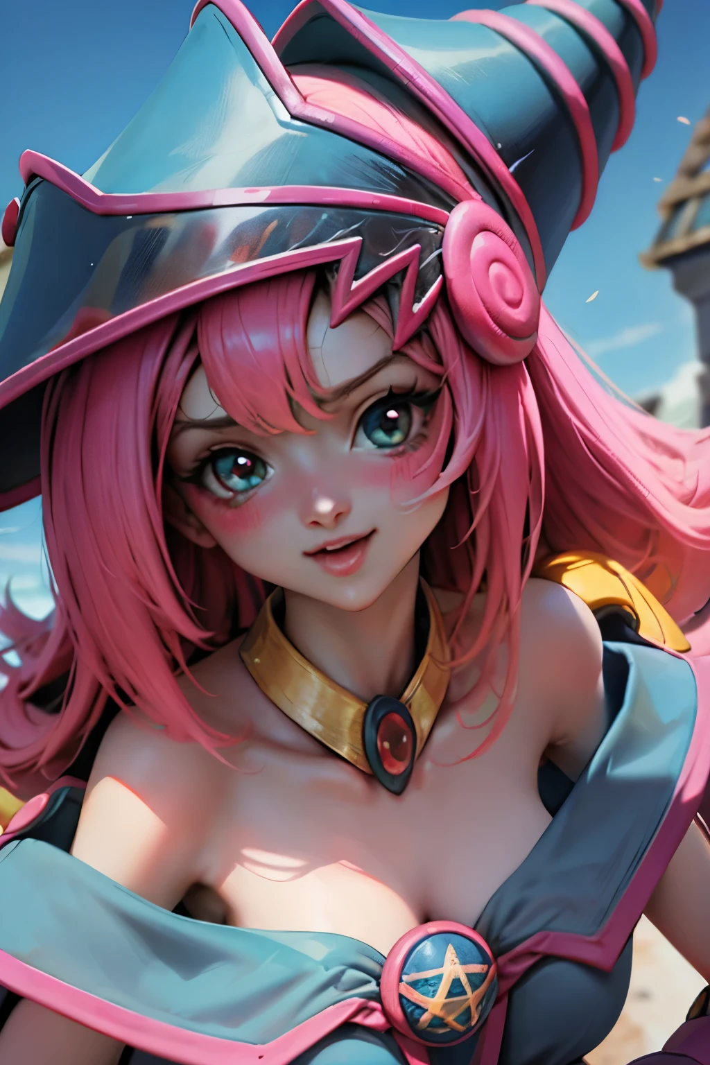 Un Hermoso rostro de dark magician gils, ojos azules. Labios rosados. Cabello rubio y largo. Ombros descubiertos, sonrisa angelical, hermoso rostro bien detallados de dark magician gils. Abre la boca y sala la lengua