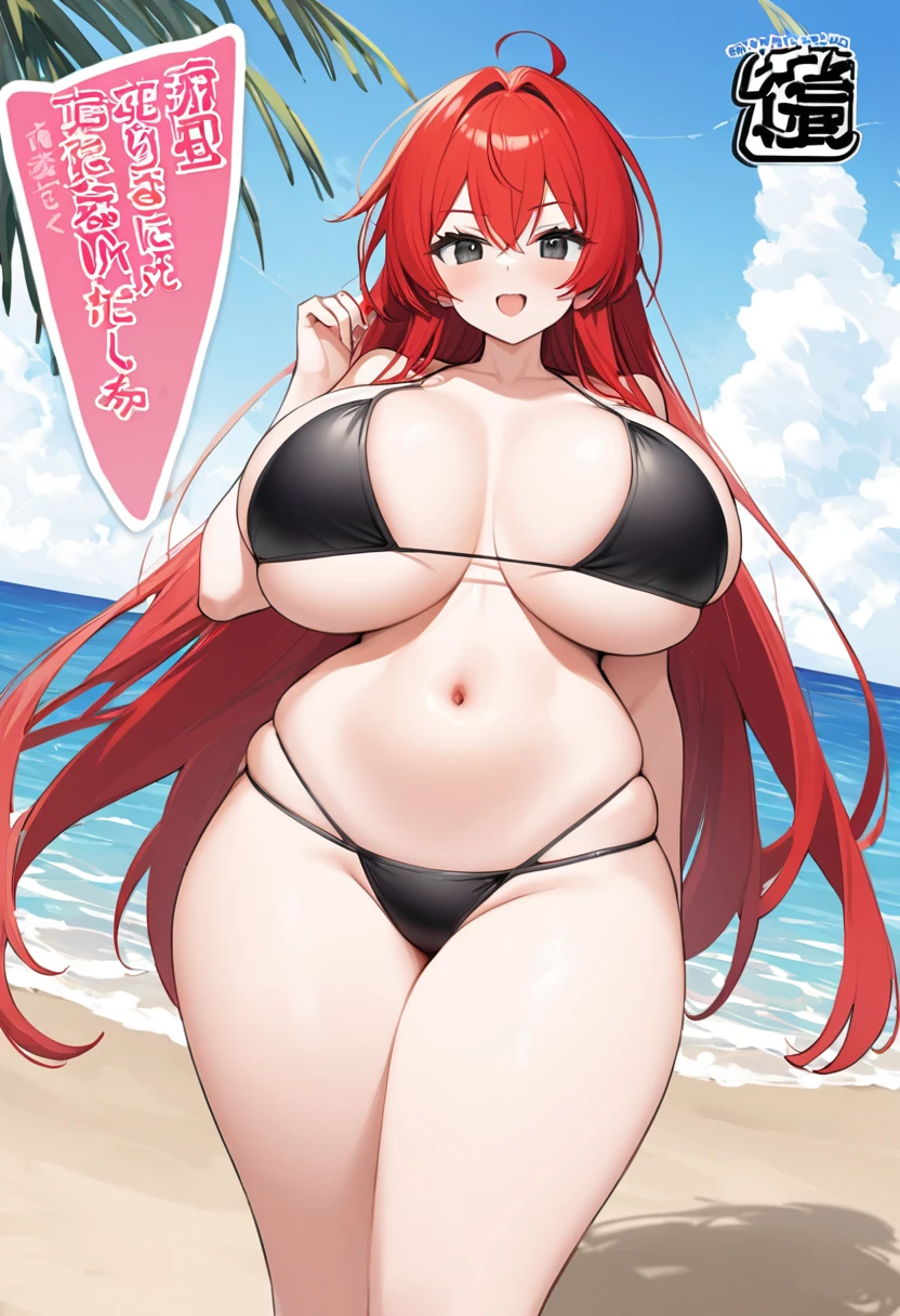 My name is Hikaru, I am a white test woman with long red hair and black eyes. I am 1.60 cm tall and weigh 46kg. My breast sizes are 300 cm, my waist is 60 cm and my hips are 200 cm. dressed in a tight black string bikini,being on the beach. With big breasts 300cm