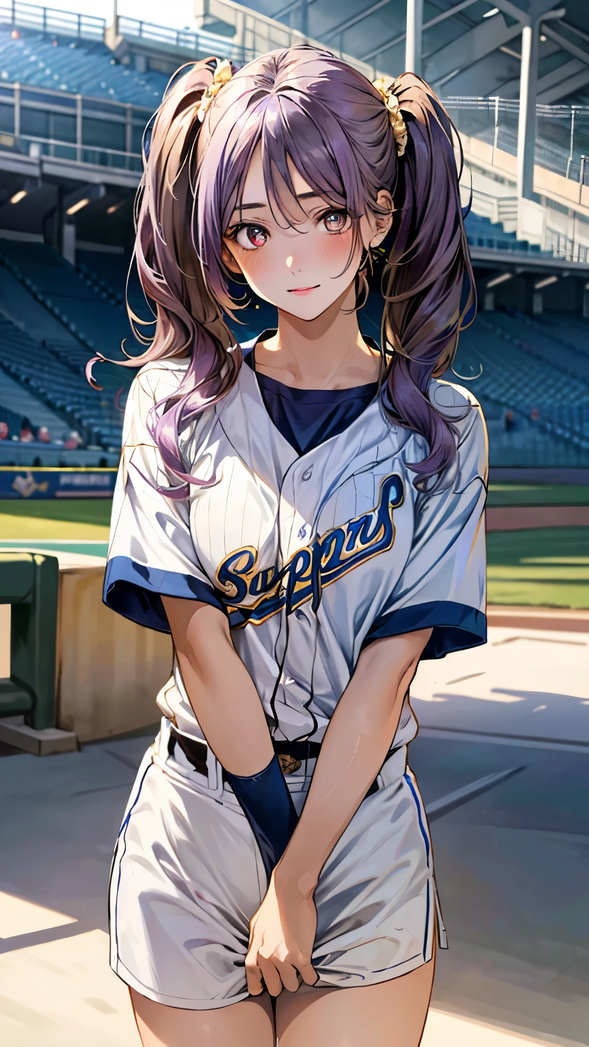 (masterpiece:1.3, top-quality, ultra high res, ultra detailed), (realistic, photorealistic:1.4), beautiful illustration, perfect lighting, natural lighting, colorful, depth of fields, ,
beautiful detailed hair, beautiful detailed face, beautiful detailed eyes, beautiful clavicle, beautiful body, beautiful chest, beautiful thigh, beautiful legs, beautiful fingers, shiny skin,
looking at viewer, 1 girl, high school girl, baseball cosplay, (perfect anatomy, anatomically correct, super detailed skin), cute and symmetrical face, babyface, perfect face, perfect eyes, ,
(long hair:1.5, low twintails:1.5, light purple hair), swept bangs, gold eyes, drooping eyes, big eyes, long eye lasher, (medium breasts, seductive thighs), skin dendation,
(detailed cloth texture, baseball uniform:1.2),
(beautiful scenery), summer, late afternoon, (baseball stadium:1.1), standing, (triumph expressions), diffused natural sunlight, diffused natural skin glow,