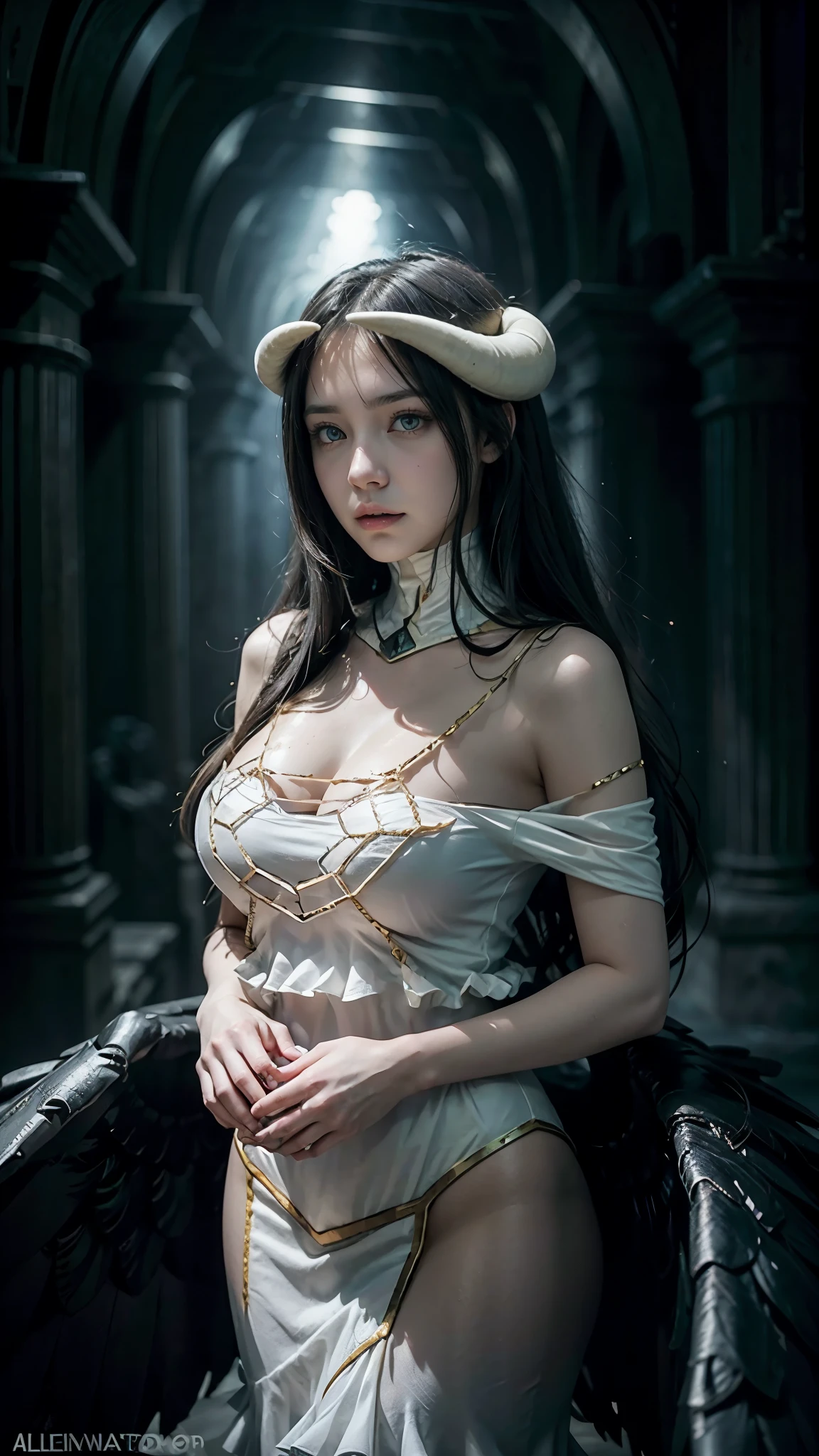 Albedo, yellow eyes, she is wrapped in the fog in an ancient and gloomy castle, dressed, cleavage, ,she is wearing a long and stunning white dress very sensual and elegant as of an evil queen. A perfect and definitive idol that captivates everyone、super detailed bright yellow eyes without defects, beautiful black lace dress, Sexy Demonic Woman, dark and mysterious place. Realistic Overlord Anime Setting, Dramatic and sinister nighttime ambient lighting giving an air, white horns in head
