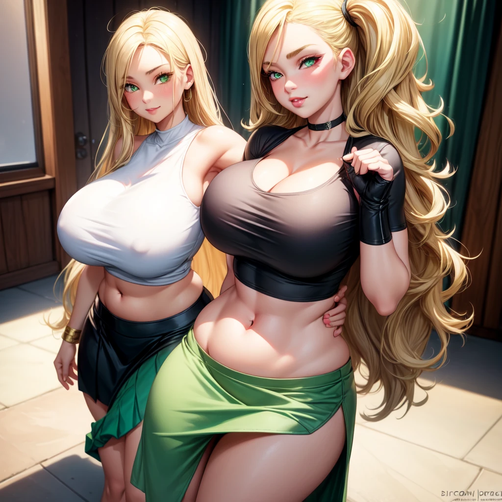 One girl, solo, big round breasts, curvy, realistic, straight hair, blonde, light green eyes, eye details, eyebrow details, black crop top, skirt, big lips, blush, confident, smirk, naughty, HD, good quality, crop top, curvy, standing up, bedroom, looking at camera