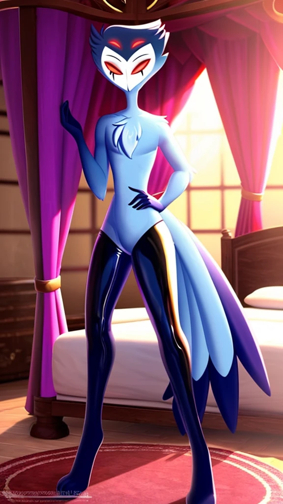 Teathekook (style), ((masterpiece)), ((8k quality)), (no watermark), stolas, male, mouth open, detailed bedroom, standing, seductive pose, (solo:1.4), sleek, shiny slime body, tail feathers, shiny, slick, gooey, ass grab, blue