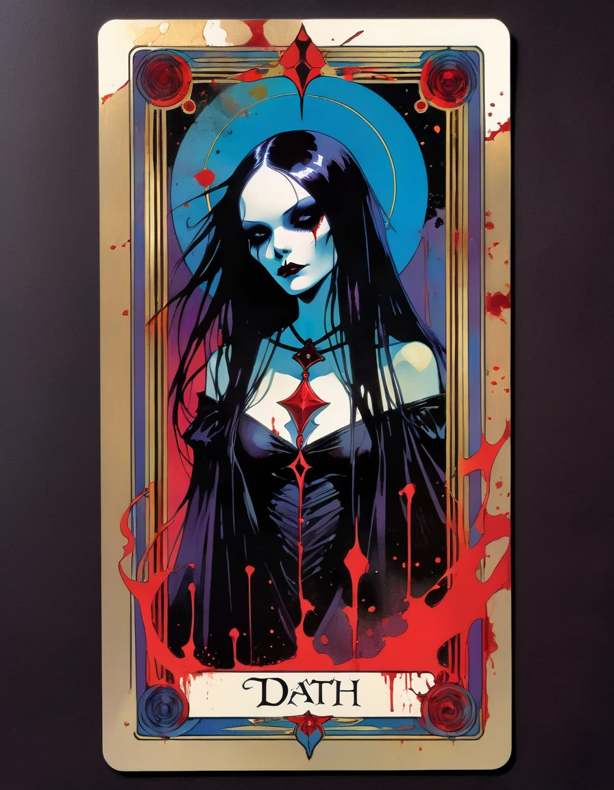 a tarot card depicting the death card, detailed dark gothic tarot card frame, vivid colors, blood splatter, art inspired by Bill Sienkiewicz
