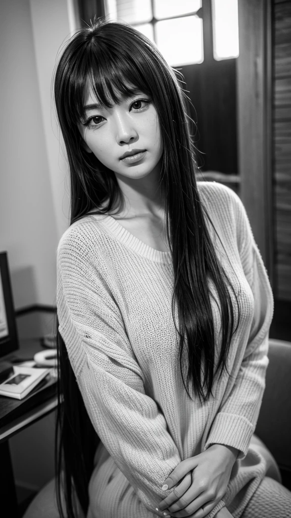((Highest quality)), ((8K)), ((masterpiece: 1.3)), (Perfect appearance), (Photorealism: 1.6), (Ultra high definition), ((monochrome)), (JMA, TI), (会話をしているJapanese Mature), (The gaze is fixed on the other person), (The woman's conversation partner is out of view), (60 years old, Japanese Mature), ((Realistic skin texture)), ((Realistic skin texture)), (Fine lines all over the skin), (Dull skin), (Facial wrinkles), (Wrinkles around the eyes), double eyelid, Tear bags under the eyelids, (Short Hair),