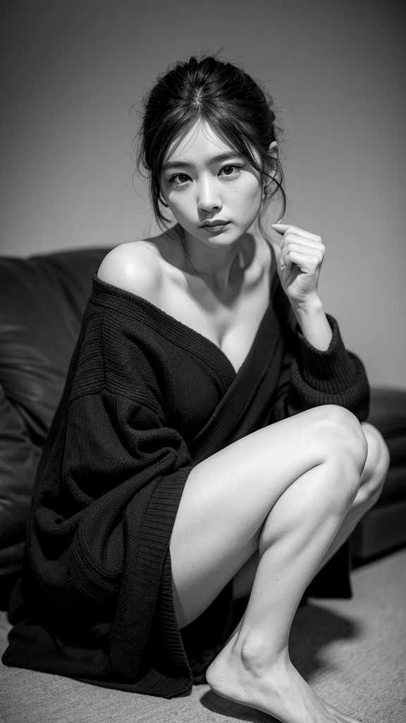 ((Highest quality)), ((8K)), ((masterpiece: 1.3)), (Perfect appearance), (Photorealism: 1.6), (Ultra high definition), ((monochrome)), (JMA, TI), (会話をしているJapanese Mature), (The gaze is fixed on the other person), (The woman&#39;s conversation partner is out of view), (60 years old, Japanese Mature), ((Realistic skin texture)), ((Realistic skin texture)), (Fine lines all over the skin), (Dull skin), (Facial wrinkles), (Wrinkles around the eyes), double eyelid, Tear bags under the eyelids, (Short Hair),