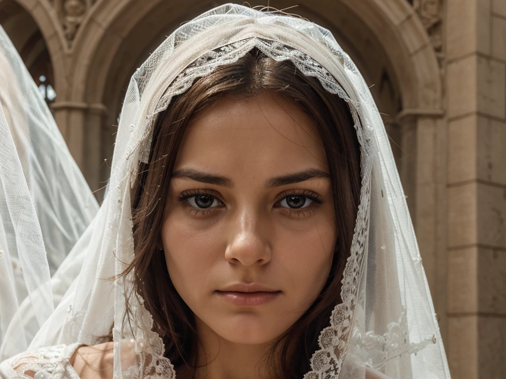 A realistic close-up of the Virgin Mary of Nazareth. Mary has a sad and melancholic expression. The face is flesh-colored, with a smooth texture and a glossy finish that highlights her features.

Mary's eyes are partially closed, looking down, and a tear falls from them on each cheek. The eyebrows are arched upwards in the center, accentuating the expression of pain. The mouth is slightly open, showing the upper teeth, and expressing deep sadness.

Mary's head is covered by a white veil made of lace, which also partially covers her shoulders. The lace has an intricate pattern of flowers and leaves.

The lighting of the image is soft, highlighting the details of the face and the lace of the veil, and contributes to the overall feeling of solemnity and sadness conveyed by Mary's face.