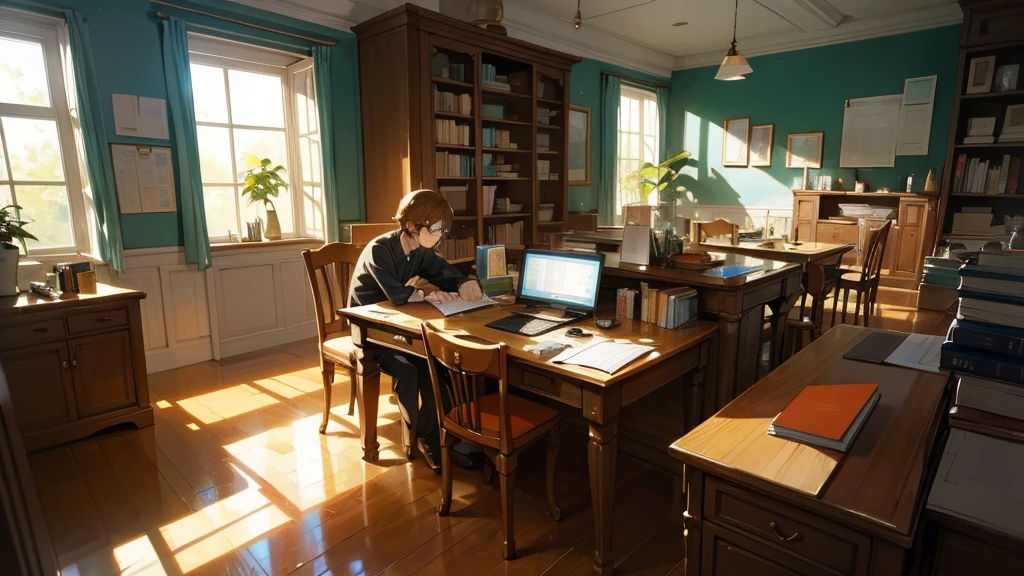 The scene takes place in a well-lit room, with a large window on the left, through which soft, natural light enters. The sun is starting to set, painting the sky with orange and gold tones. The teenager, around 16 years old, is sitting in a black ergonomic chair in front of a light wooden table. He has brown hair and wears thin-framed glasses, which give him an air of concentration and pleasure.
On the table, there is a modern computer with a large screen, displaying a study page. Next to the computer, there are stacked books, open notebooks with organized notes, and some colorful markers. A silver table lighting, with an elegant design, is on, directing a focused white beam of light onto the notebooks, creating a contrast with the warm light coming from the window.
The room is well organized, with shelves at the back full of books, some trophies and souvenirs, which suggest a dedication to studies and other extracurricular activities. On the wall above the desk is a bulletin board with colorful sticky notes, reminders, and a neatly filled calendar, indicating meticulous planning.
The teenager is leaning slightly forward, with a serious and focused expression. His eyes are fixed on the computer screen as he types quickly on the keyboard. Next to the keyboard, there is a glass cup with water and a small vase with a green plant, adding a touch of life and freshness to the environment.
The atmosphere in the room is one of tranquility and dedication, a space clearly created to facilitate concentration and focus on studies.