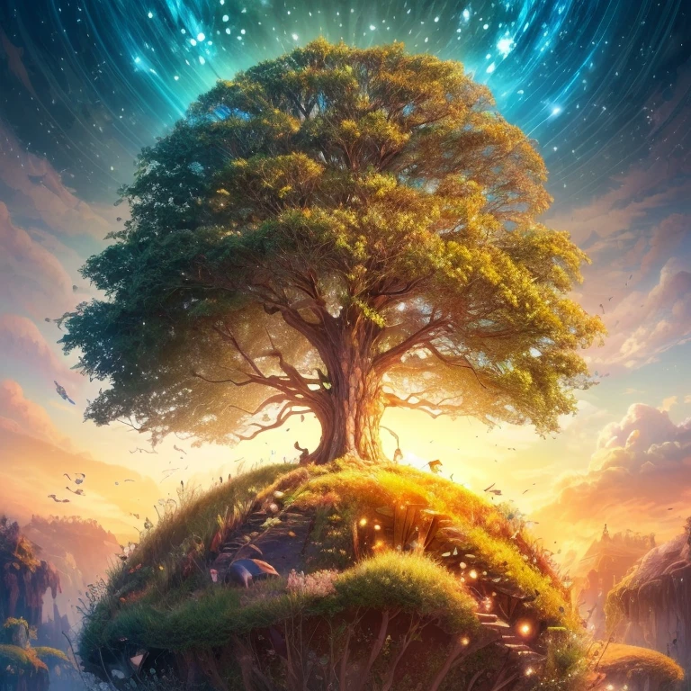 ((((masterpiece))), best quality, illustrations, beautiful details glow, majestic tree centerpiece, tree is a living creature, fantasy, Mother Earth, sunshine mix, leafy