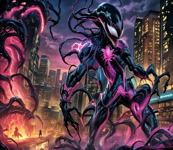 comic (Drawing:1.3) of (Sketch:1.3) a pink alien standing in front of a city, venom symbiote, symbiote, venom, official artwork hdr, screenshot from morbius 2022, hero pose colorful city lighting, 8k hd concept art, venomized, 8k render, 8 k high detail concept art, tor from marvel, background artwork, high detailed official artwork . graphic illustration, comic art, graphic novel art, vibrant, highly detailed
