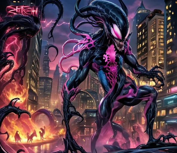 comic (Drawing:1.3) of (Sketch:1.3) a pink alien standing in front of a city, venom symbiote, symbiote, venom, official artwork hdr, screenshot from morbius 2022, hero pose colorful city lighting, 8k hd concept art, venomized, 8k render, 8 k high detail concept art, tor from marvel, background artwork, high detailed official artwork . graphic illustration, comic art, graphic novel art, vibrant, highly detailed