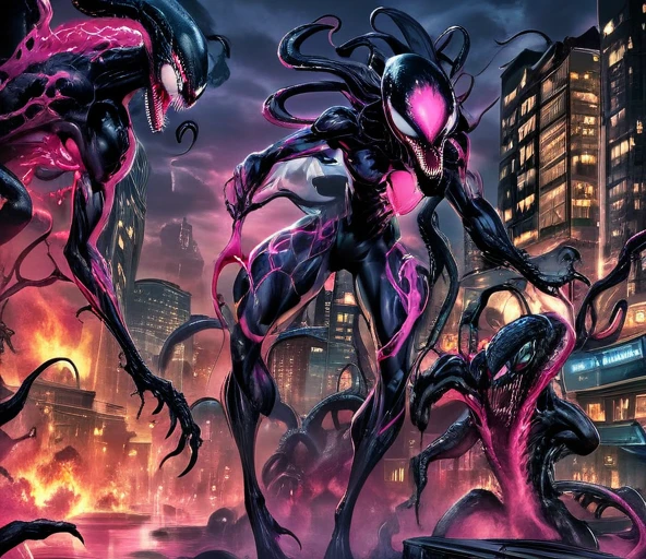 comic (Drawing:1.3) of (Sketch:1.3) a pink alien standing in front of a city, venom symbiote, symbiote, venom, official artwork hdr, screenshot from morbius 2022, hero pose colorful city lighting, 8k hd concept art, venomized, 8k render, 8 k high detail concept art, tor from marvel, background artwork, high detailed official artwork . graphic illustration, comic art, graphic novel art, vibrant, highly detailed