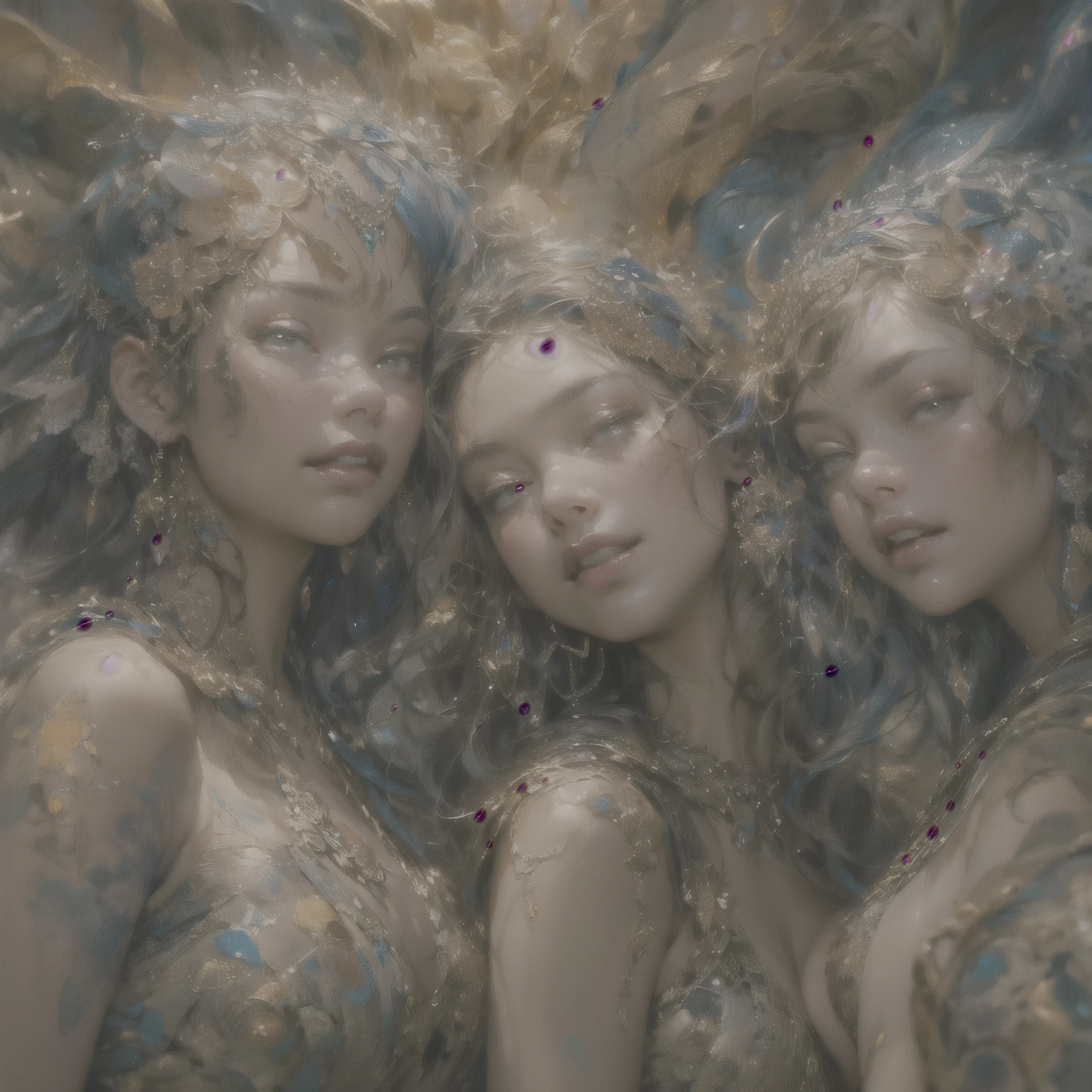 Surreal psychedelic artwork、Three very beautiful young women with body paint laughing、Erotic atmosphere、(Highest quality、4k、8k、High resolution、masterpiece:1.2)、Super detailed、(Real、Photorealistic、Photorealistic:1.37)、Super detailedな顔、Intricate details、Bright colors、Dramatic lighting、Dreamy and surreal setting、Ethereal atmosphere、Sensual pose、High Fashion Lingerie、Shiny skin、long flowing hair、Captivating look