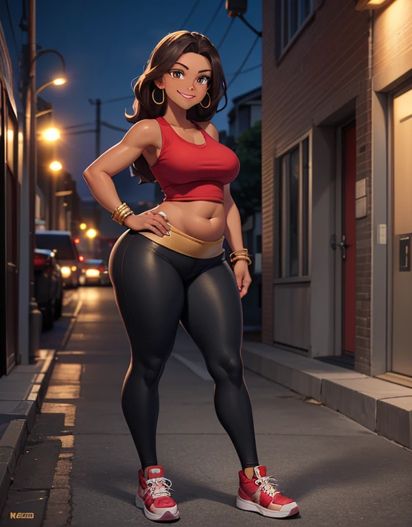 ((Masterpiece)), ((Best Quality)), (4K quality), CARTOON, ANIME, CARTOON ARTSTYLE, (half-body-shot (front shot):1.3),(Detailed face:1.2), (Detailed eyes:1.2), ultra-detailed, 1girl, alone, Latina, 42-years-old, milf, mature female, (dark-skinned female:1.5), long brown hair, amber colored eyes, mascara, eyeshadow, red lipstick, (Wearing: red tank-top, black leggings, golden earrings, golden bracelets, sneakers:1.2), looking at viewer, wide smile, thrilled expression, teeth, sexy, very beautiful face, Oversize, Overweight, thick lips, (plump figure and wide frame:1.2), medium breasts, fat rolls, belly rolls, muffin top, big deep navel, tight out, love handles, wide hips, wide waist, wide load butt, thick thighs, ass view, walking down the streets of Los Angeles.